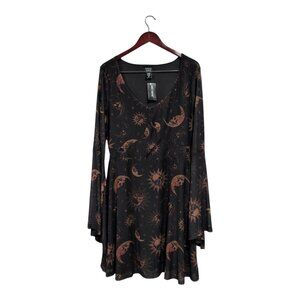 Cosmic Aura Women's Skull Celestial Mesh Bell-Sleeve Dress  Black Tan Sz 2X NWT